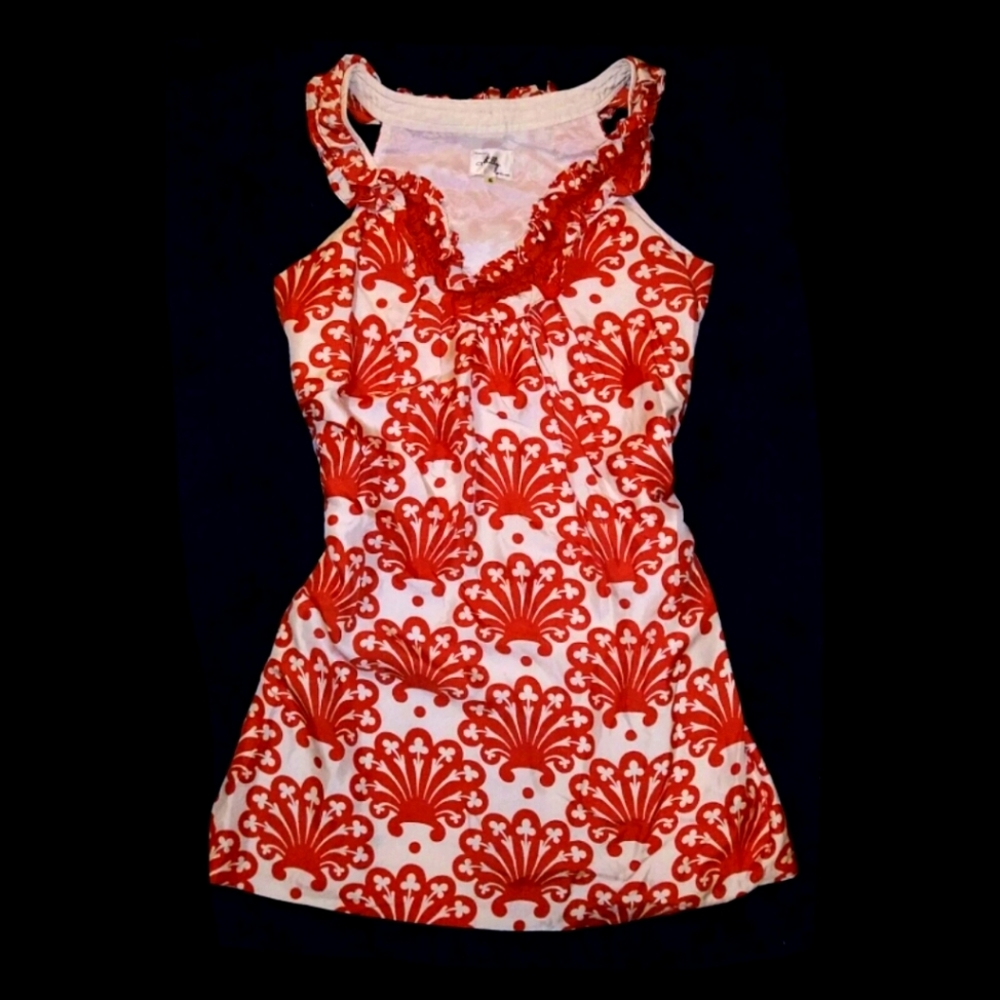 Milly New York 100% Silk Orange White Boho Ruffle Dress